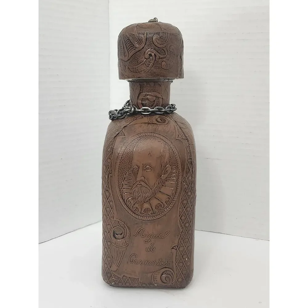 Vintage Spanish Porron Leather Wrapped Amber Glass Decanter Flask Set
